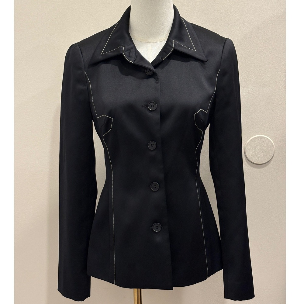 BCBG Y2K Max Azria Black Contrast Stitch Tailored Satin Blazer Jacket USA Made 2